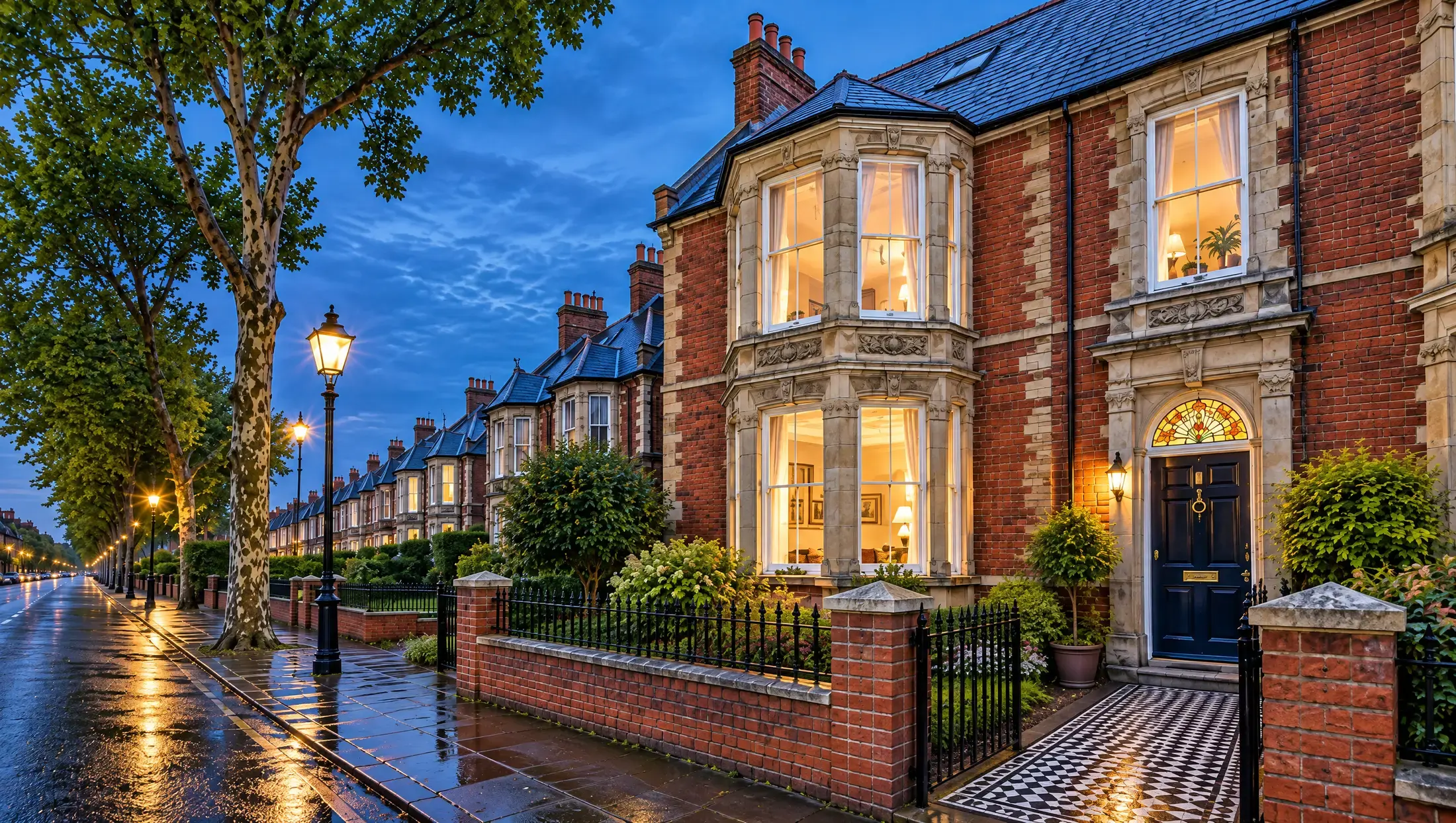 A Victorian bay-fronted house on a Cardiff street at dusk